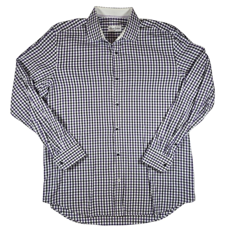 Robert Graham Purple Black White Plaid Geometric L/S Button Up Shirt Mens Sz 17